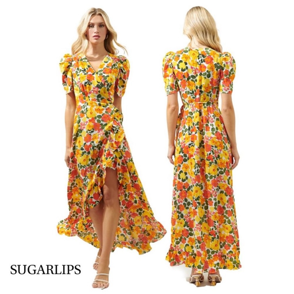 Sugarlips Size XL Maxi Tropicalia Abelia Yellow Floral Hi
Low Wrap Dress